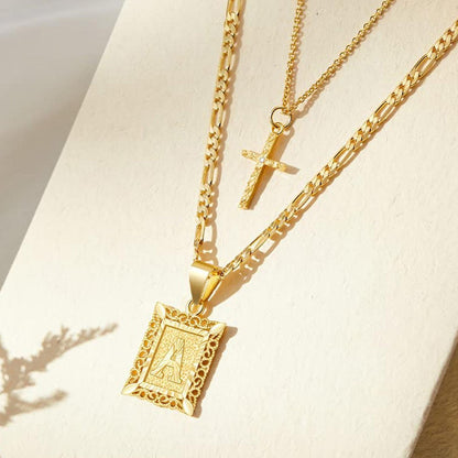 Personalised Copper Adjustable Layered Necklace Set(4PCS) - Custom A-Z Initial Letter Square + Cross Pendant & Double Cross Pendant Stacking Combo Kemu |Fashion Home Kitchen Beauty