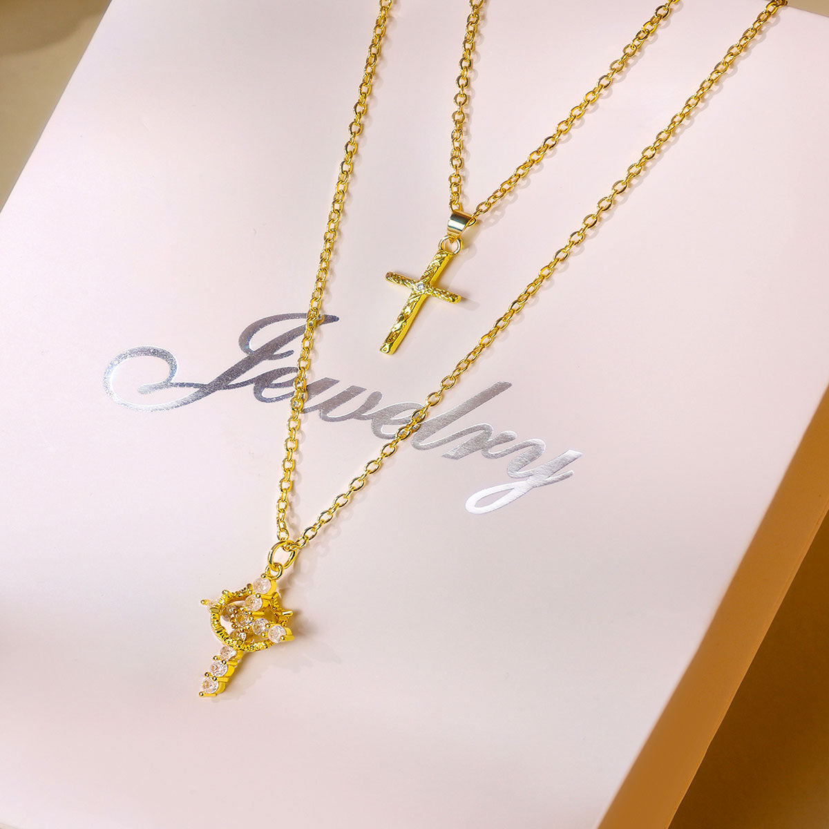 Personalised Copper Adjustable Layered Necklace Set(4PCS) - Custom A-Z Initial Letter Square + Cross Pendant & Double Cross Pendant Stacking Combo Kemu |Fashion Home Kitchen Beauty