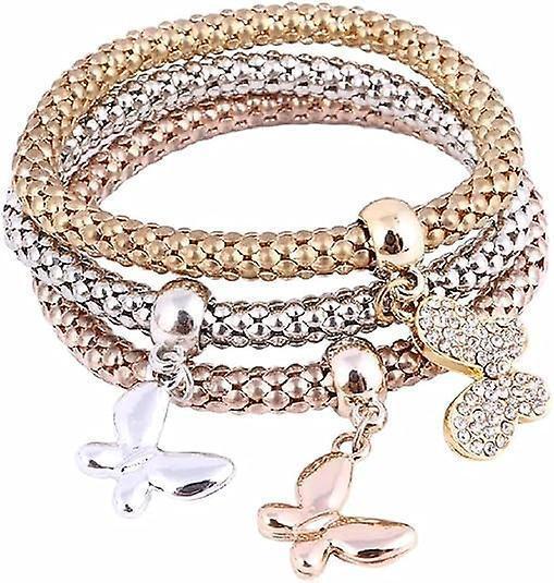 Crystal Charms Multilayer Bracelets - 3pcs Gold/silver/rose Gold Corn Chain Bracelet For Women, Tree Of Life Heart Shaped Stretch Bracelet Kemu |Fashion Home Kitchen Beauty