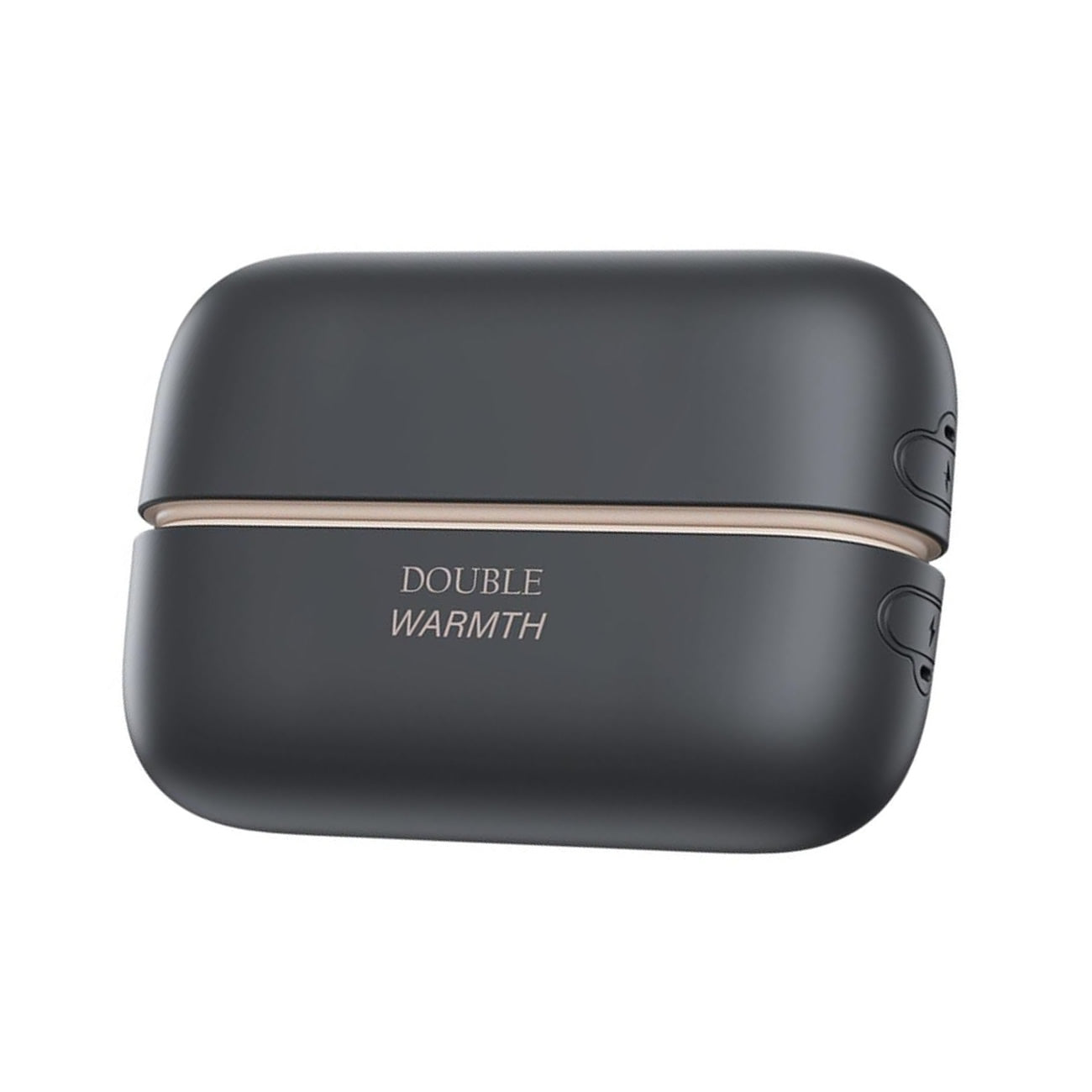 A dark gray, rounded rectangular electronic device with a matte finish, featuring a thin metallic rose gold accent line across the center and the text 'DOUBLE WARMTH' in gold. The device is shown on a clean white background.