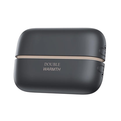 A dark gray, rounded rectangular electronic device with a matte finish, featuring a thin metallic rose gold accent line across the center and the text 'DOUBLE WARMTH' in gold. The device is shown on a clean white background.