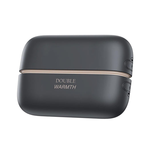 A dark gray, rounded rectangular electronic device with a matte finish, featuring a thin metallic rose gold accent line across the center and the text 'DOUBLE WARMTH' in gold. The device is shown on a clean white background.