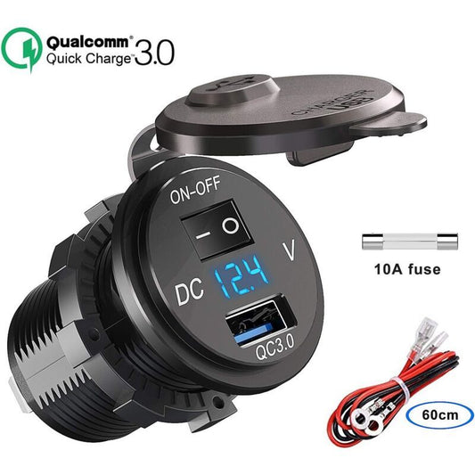 QC 3.0 Car USB Socket 12V 24V Waterproof Charger with Switch and LED Voltmeter - Kemu |Fashion Home Kitchen Beauty