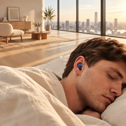 A man sleeping soundly in bed under a white duvet, wearing a blue sleep ear plug. The background shows a modern, sunlit living room with a large window overlooking a city skyline at sunset.