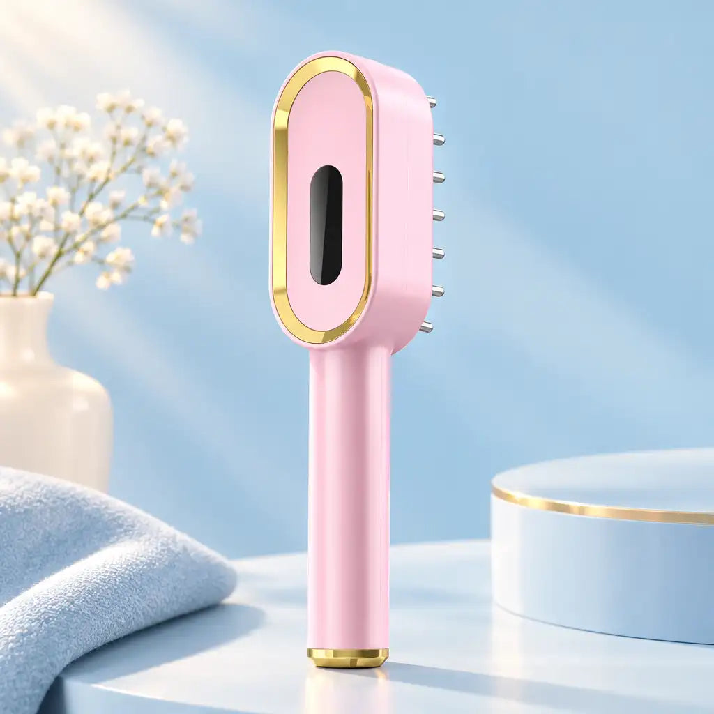 A pink handheld grooming brush with gold trim and metal bristles, standing upright on a light blue surface against a soft blue background with decorative flowers and a round pedestal.