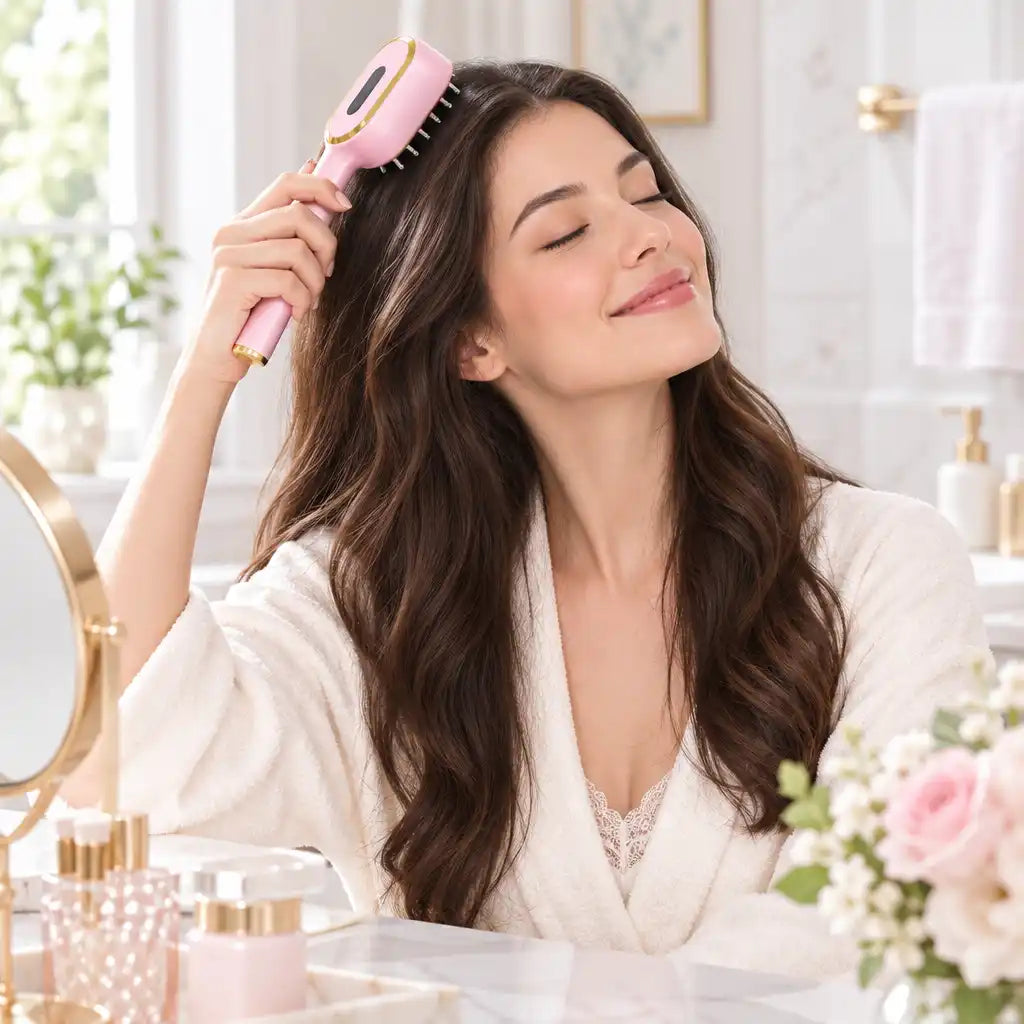 A woman with long wavy brown hair wearing a white robe uses a pink and gold hairbrush in a bright, modern bathroom setting.