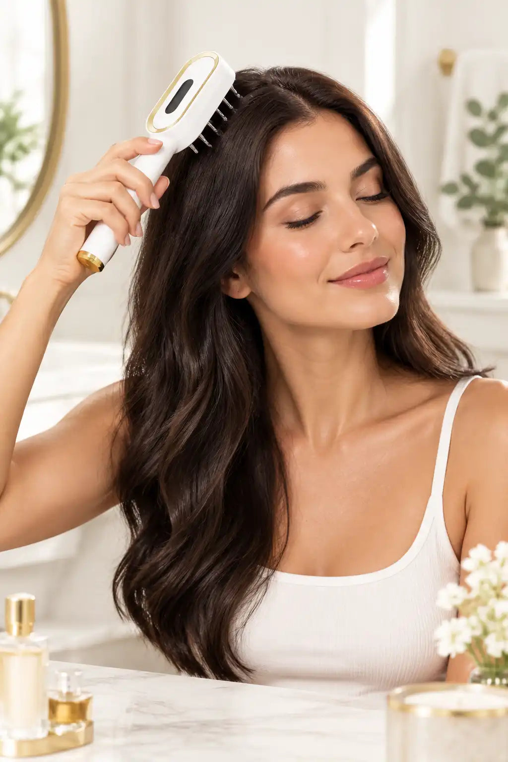 A woman with long, wavy dark brown hair uses a white and gold heated hairbrush to brush her hair in a bright, modern bathroom setting.
