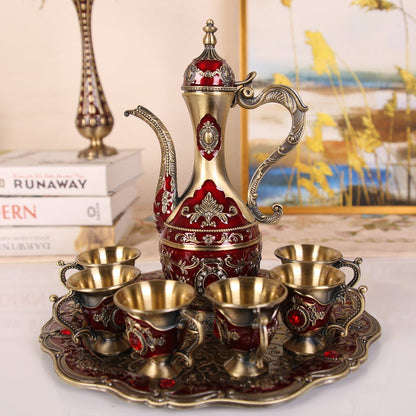 Elegant Gold Metal Serving Set - Decanter, 6 Cups, Tray (Copper+Red) Kemu |Fashion Home Kitchen Beauty