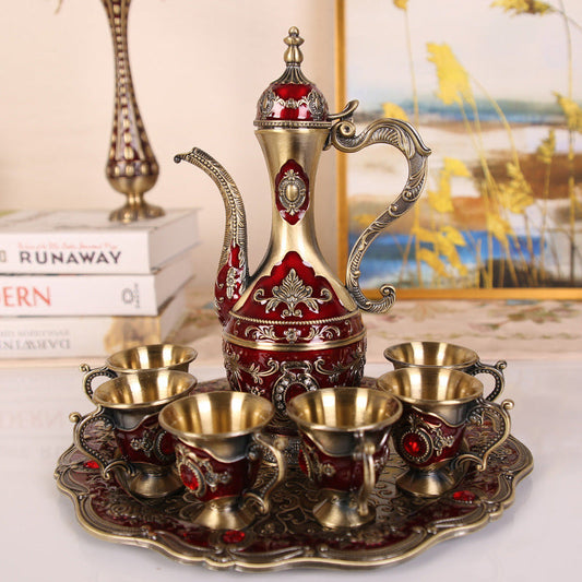 Elegant Gold Metal Serving Set - Decanter, 6 Cups, Tray (Copper+Red) Kemu |Fashion Home Kitchen Beauty