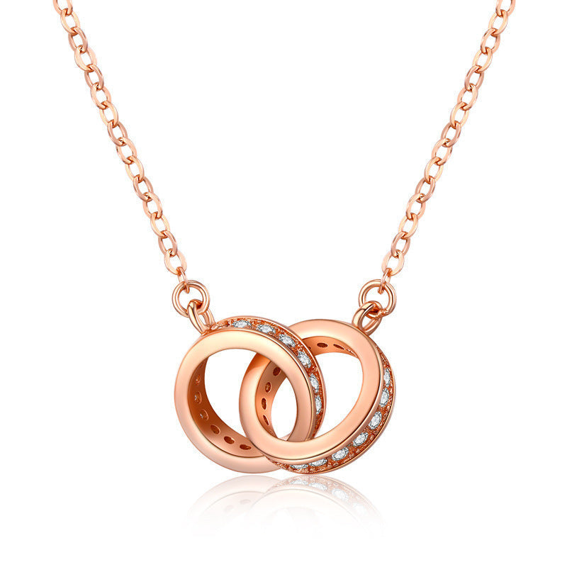2pc Elegant Interlocking Rings Pendant Necklace with Zirconia Accents - Copper Base, Minimalist Jewelry(Rose gold) Kemu |Fashion Home Kitchen Beauty