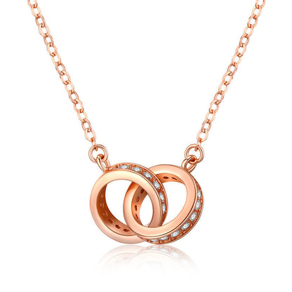 2pc Elegant Interlocking Rings Pendant Necklace with Zirconia Accents - Copper Base, Minimalist Jewelry(Rose gold) Kemu |Fashion Home Kitchen Beauty