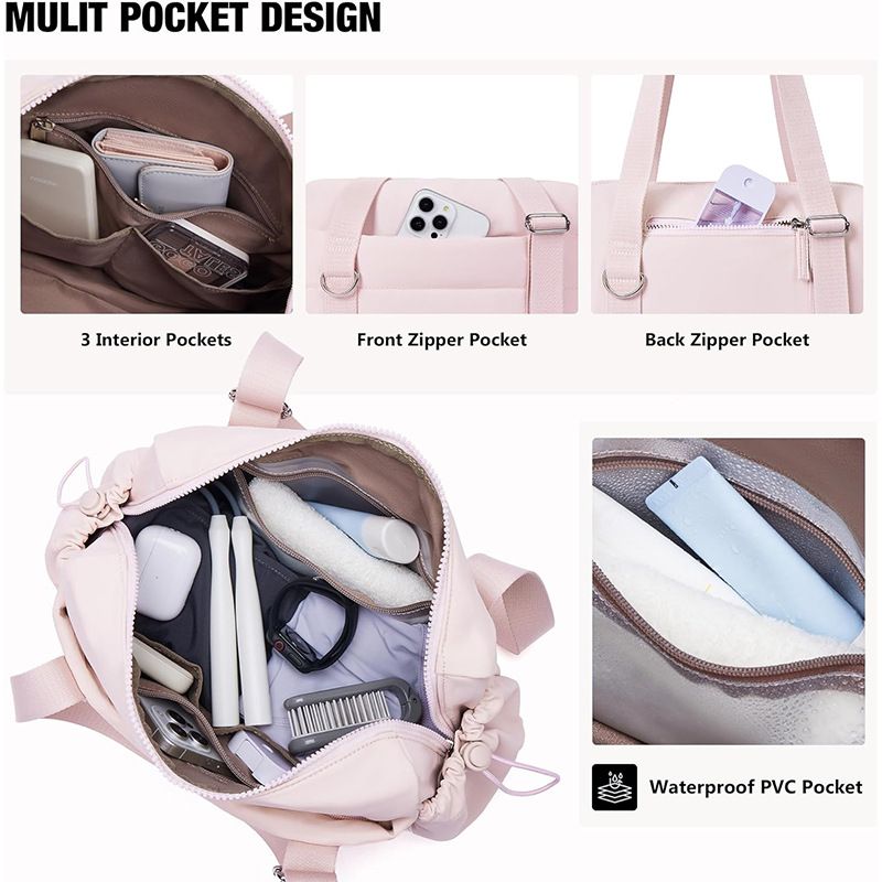 Pink Women’s Fluffy Nylon Gym Travel Tote Bag and Coin Purse Set - Side Drawstring Cup Holder, Front / Back Zipper Pockets and Wet & Dry Separation, Large Capacity and Lightweight 11.7 x 4.2 x 8" Kemu |Fashion Home Kitchen Beauty