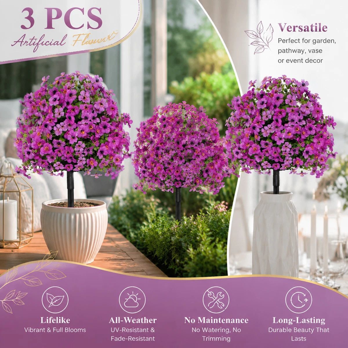 Fuchsia Faux Eucalyptus Stems Set of 3 Patio Insert Indoor Decorative Florals Kemu |Fashion Home Kitchen Beauty