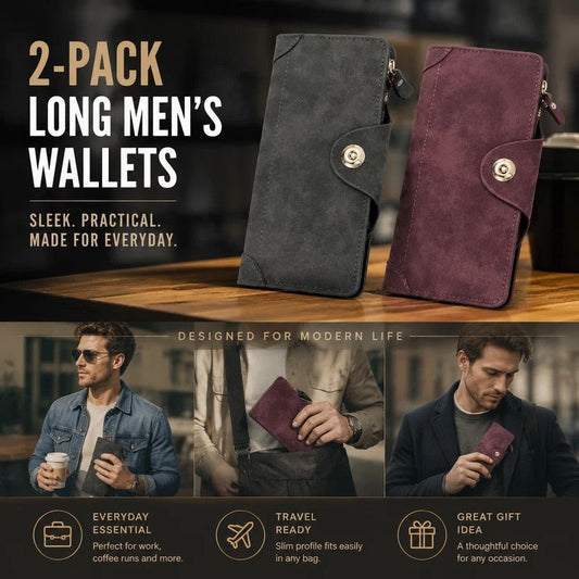Two-Tone Classic Long Gentlemen Purse 2 Pcs Pack, Magnetic Large-Capacity Slots Billfold, Stylish Daily Gift Set, Grey & Red Kemu |Fashion Home Kitchen Beauty