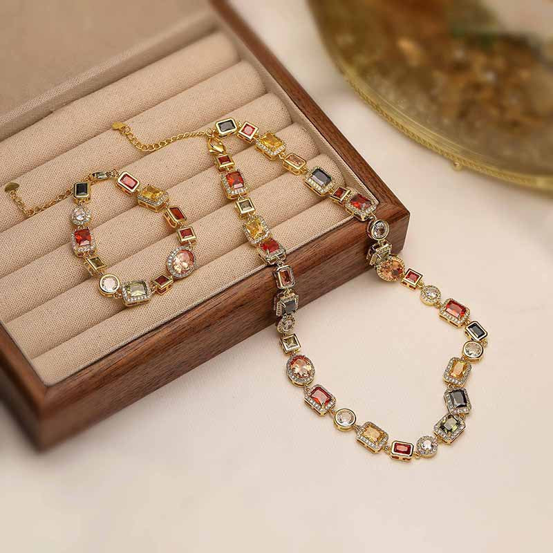 Gold Elegant Light Luxury Geometric Colorful Gemstone Bracelet (L: 16-21CM) - Copper Cuban Chain Cuff Kemu |Fashion Home Kitchen Beauty