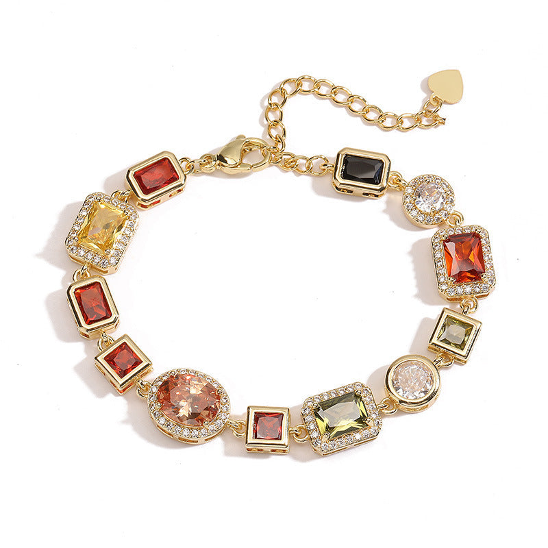 Gold Elegant Light Luxury Geometric Colorful Gemstone Bracelet (L: 16-21CM) - Copper Cuban Chain Cuff Kemu |Fashion Home Kitchen Beauty