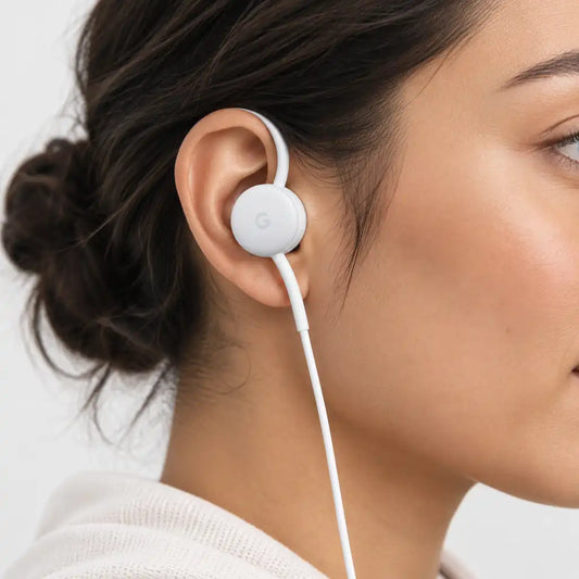 A close-up side profile of a woman wearing a white Google Pixel earbud in her ear, with the white cable running down her neck against a clean white background.