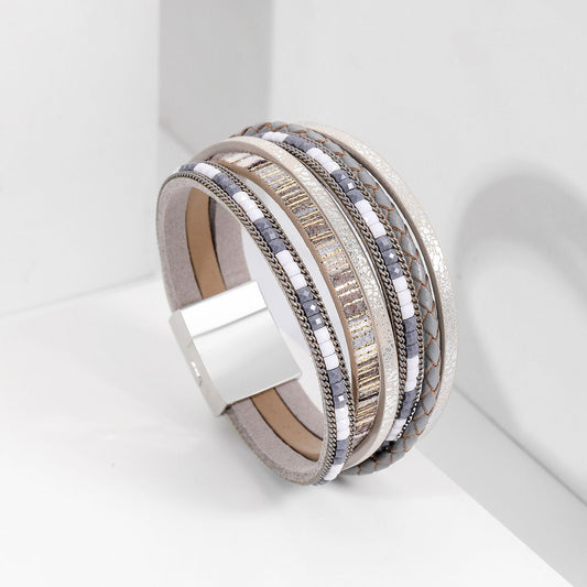 Grey Bohemian Multi-Layer Leather Bracelet for Women - PU Faux Leather with Alloy Magnetic Clasp - Handwoven Cuff Bangle, Lightweight Fashion Jewelry Accessory Kemu |Fashion Home Kitchen Beauty