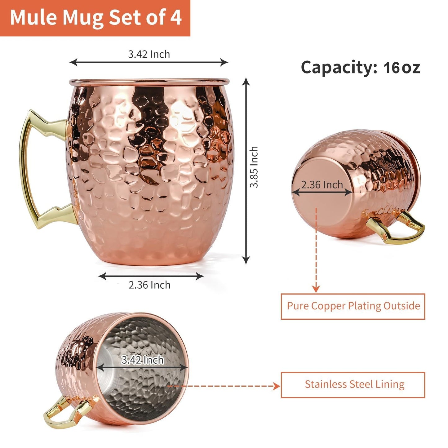 Set of 4, 17 OZ Hammered Copper Cups with 304 Stainless Steel Lining and Gold Brass Handles, for Cold Drinks, Beer, Wine, Bars, Parties Kemu |Fashion Home Kitchen Beauty