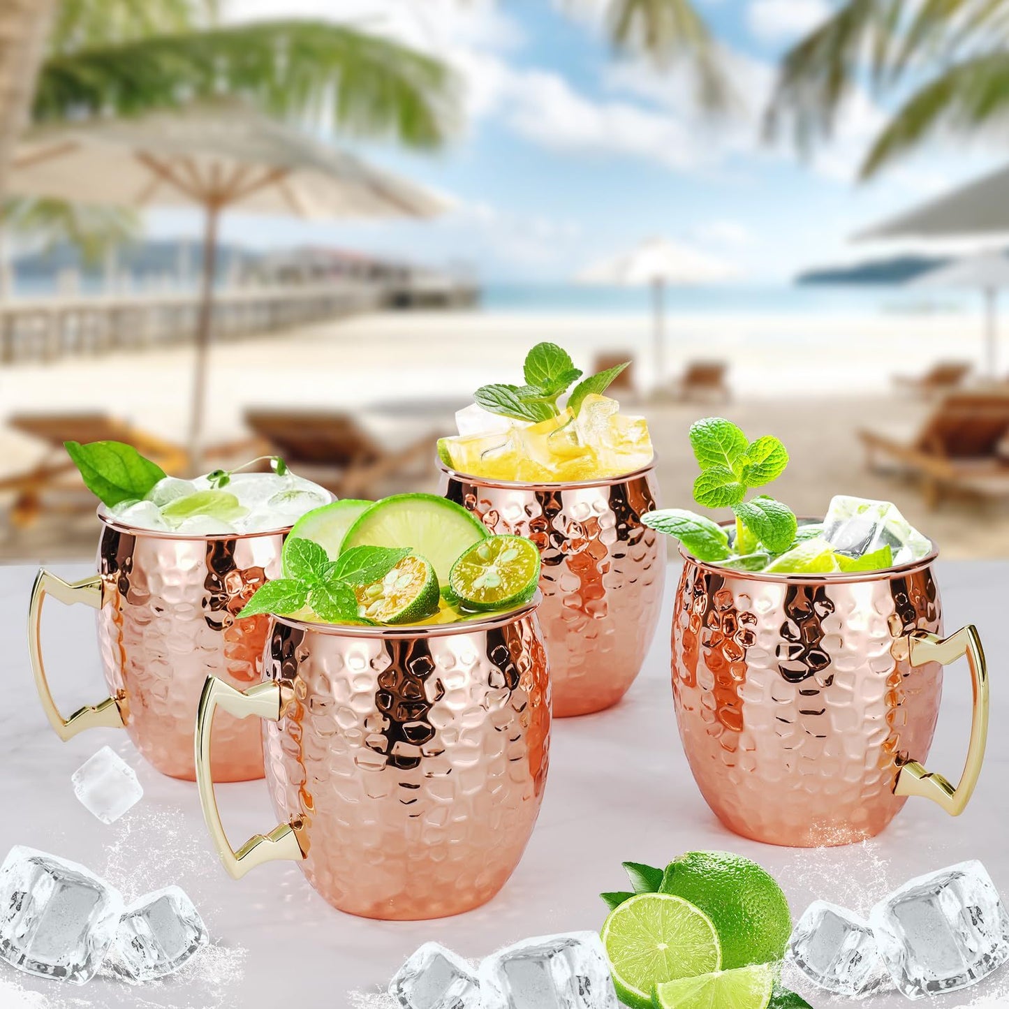 Set of 4, 17 OZ Hammered Copper Cups with 304 Stainless Steel Lining and Gold Brass Handles, for Cold Drinks, Beer, Wine, Bars, Parties Kemu |Fashion Home Kitchen Beauty