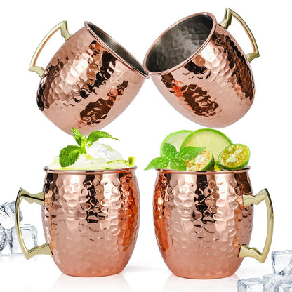 Set of 4, 17 OZ Hammered Copper Cups with 304 Stainless Steel Lining and Gold Brass Handles, for Cold Drinks, Beer, Wine, Bars, Parties Kemu |Fashion Home Kitchen Beauty