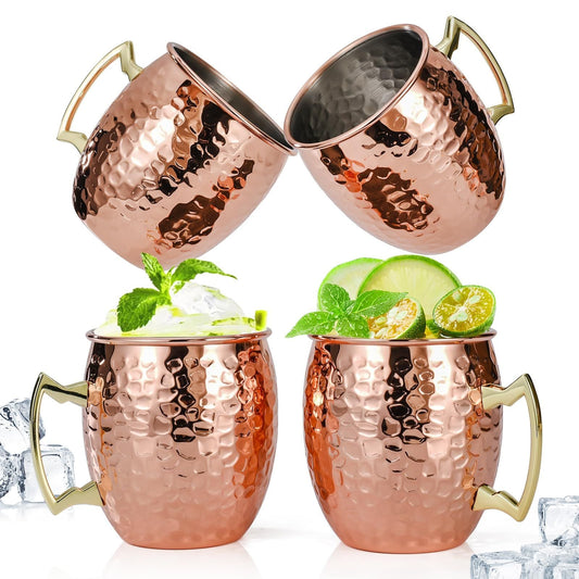 Set of 4, 17 OZ Hammered Copper Cups with 304 Stainless Steel Lining and Gold Brass Handles, for Cold Drinks, Beer, Wine, Bars, Parties Kemu |Fashion Home Kitchen Beauty