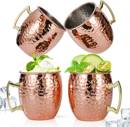 Moscow Mule Mugs Set of 4, 16 OZ Hammered Copper Cups with 304 Stainless Steel Lining and Gold Brass Handles, for Cold Drinks, Beer, Wine, Bars, Parties Kemu |Fashion Home Kitchen Beauty