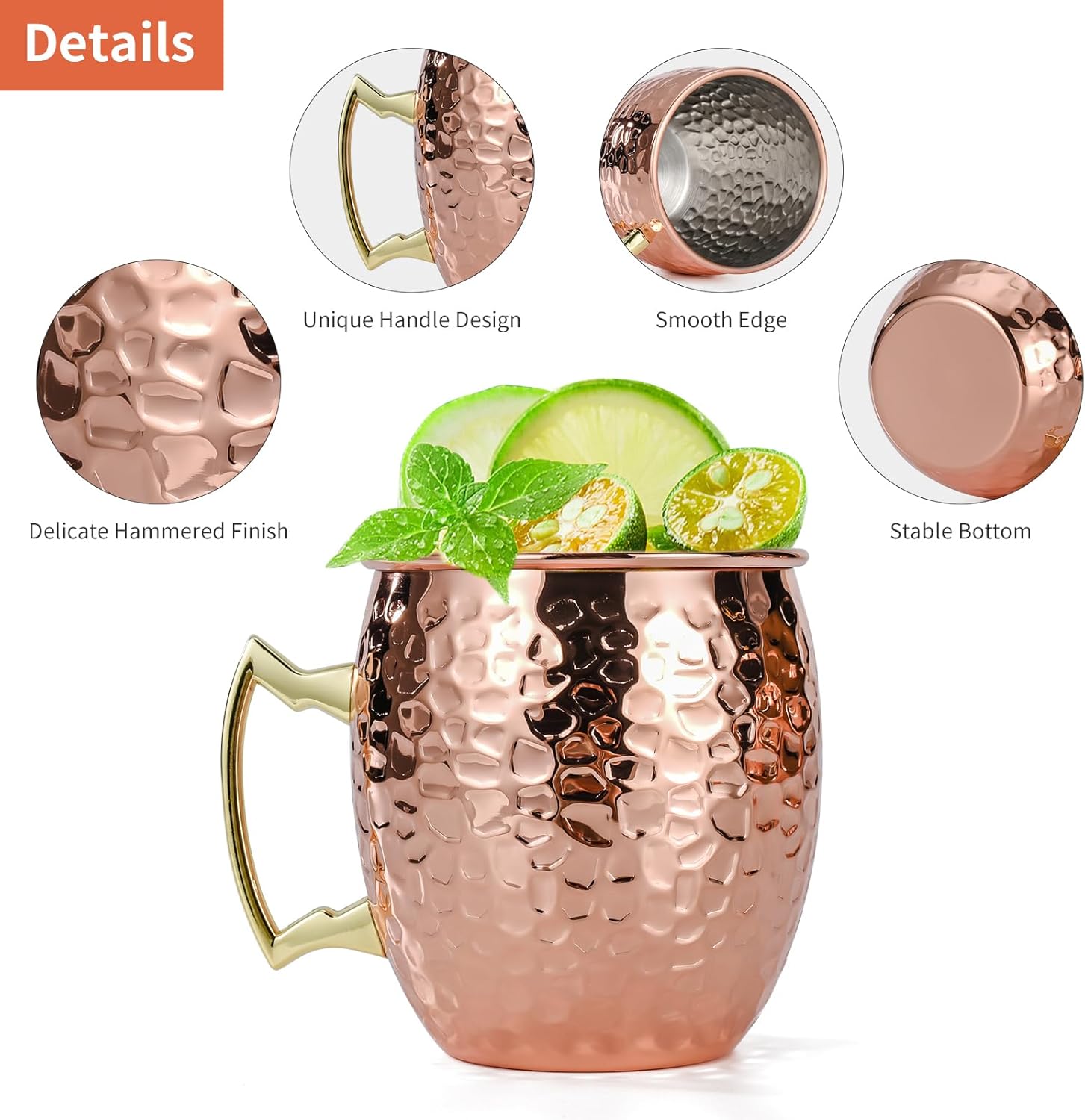 Moscow Mule Mugs Set of 4, 16 OZ Hammered Copper Cups with 304 Stainless Steel Lining and Gold Brass Handles, for Cold Drinks, Beer, Wine, Bars, Parties Kemu |Fashion Home Kitchen Beauty