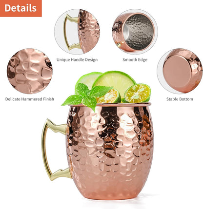 Moscow Mule Mugs Set of 4, 16 OZ Hammered Copper Cups with 304 Stainless Steel Lining and Gold Brass Handles, for Cold Drinks, Beer, Wine, Bars, Parties Kemu |Fashion Home Kitchen Beauty