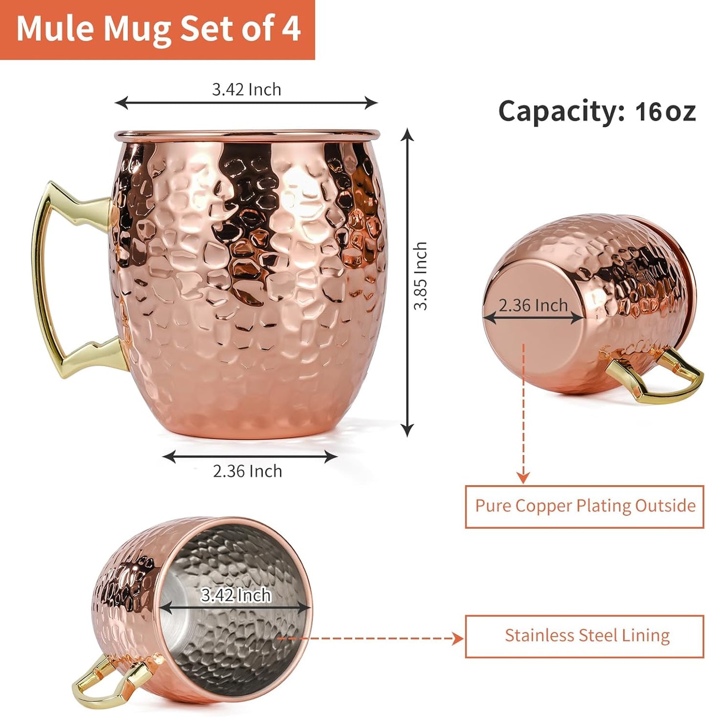 Moscow Mule Mugs Set of 4, 16 OZ Hammered Copper Cups with 304 Stainless Steel Lining and Gold Brass Handles, for Cold Drinks, Beer, Wine, Bars, Parties Kemu |Fashion Home Kitchen Beauty