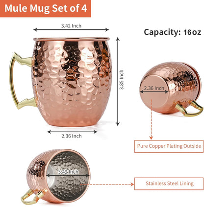 Moscow Mule Mugs Set of 4, 16 OZ Hammered Copper Cups with 304 Stainless Steel Lining and Gold Brass Handles, for Cold Drinks, Beer, Wine, Bars, Parties Kemu |Fashion Home Kitchen Beauty