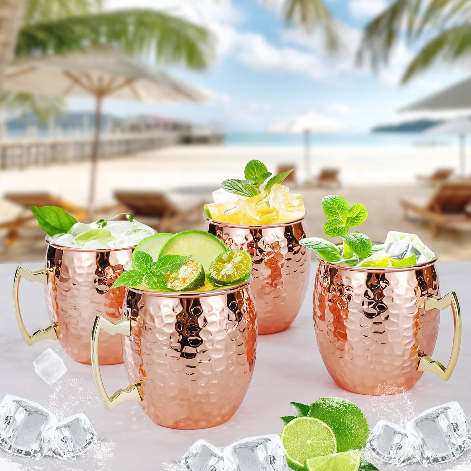 Moscow Mule Mugs Set of 4, 16 OZ Hammered Copper Cups with 304 Stainless Steel Lining and Gold Brass Handles, for Cold Drinks, Beer, Wine, Bars, Parties Kemu |Fashion Home Kitchen Beauty
