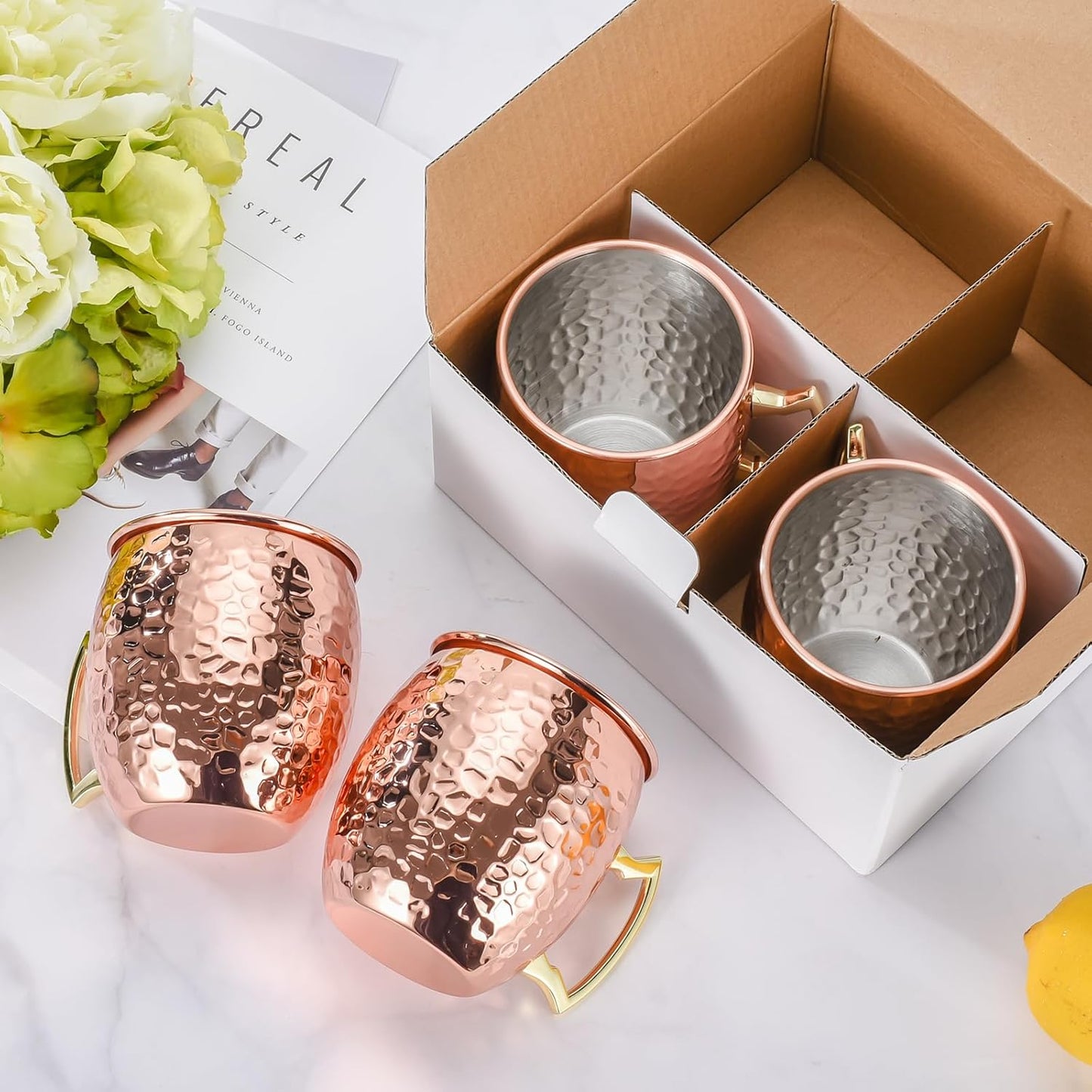 Moscow Mule Mugs Set of 4, 16 OZ Hammered Copper Cups with 304 Stainless Steel Lining and Gold Brass Handles, for Cold Drinks, Beer, Wine, Bars, Parties Kemu |Fashion Home Kitchen Beauty