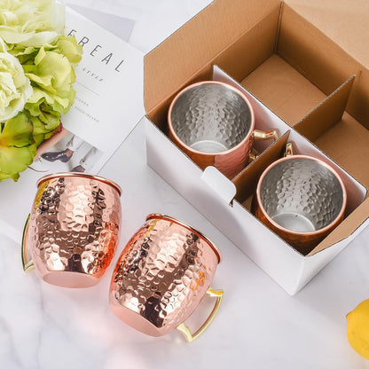Moscow Mule Mugs Set of 4, 16 OZ Hammered Copper Cups with 304 Stainless Steel Lining and Gold Brass Handles, for Cold Drinks, Beer, Wine, Bars, Parties Kemu |Fashion Home Kitchen Beauty