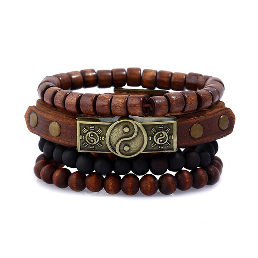 4-pack handmade leather bracelets for men with wooden beads, brown - Compatible with iPhone brown Kemu |Fashion Home Kitchen Beauty