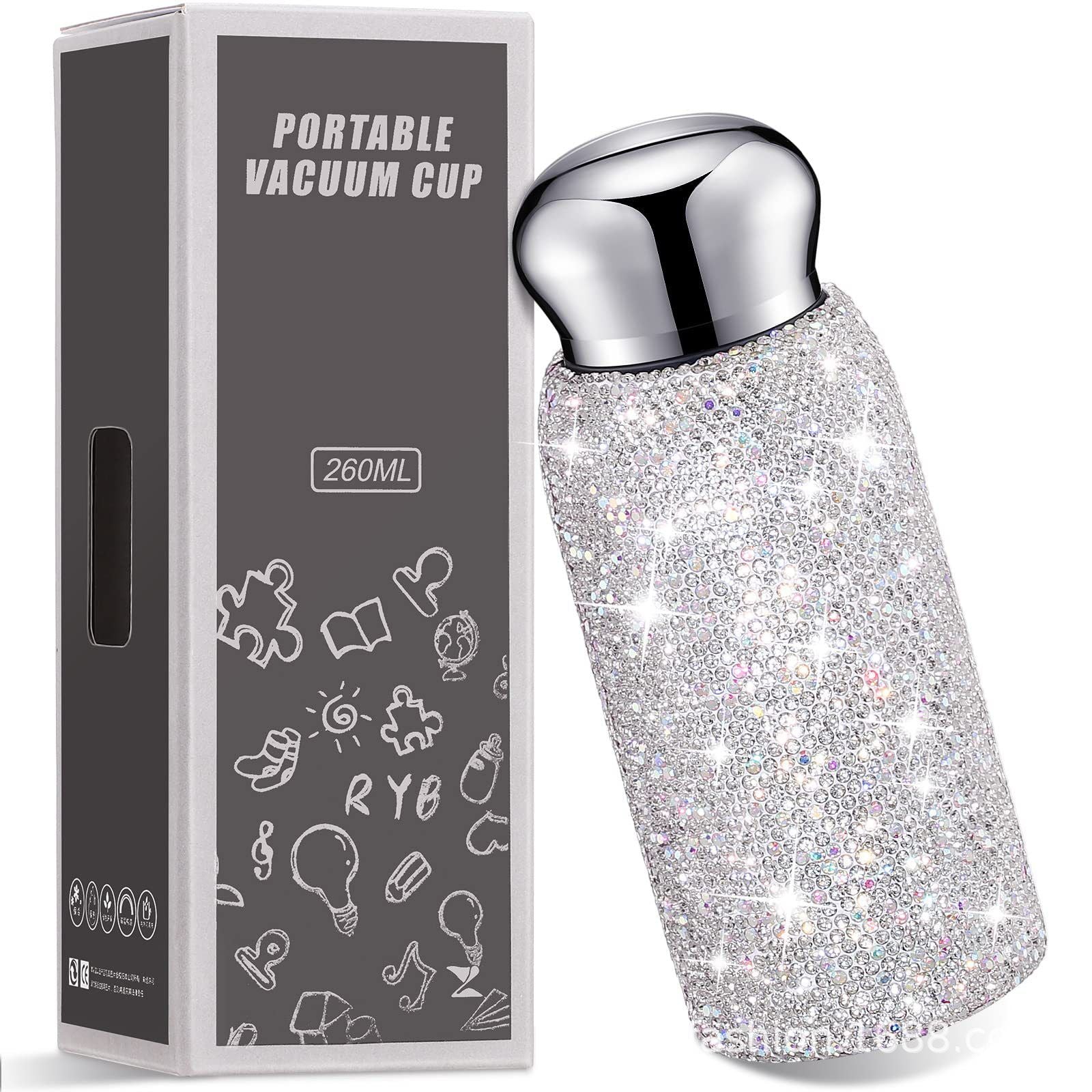White Handmade Luxury Diamond Insulated Water Bottle – Bling Rhinestone 304 Stainless Steel Pocket Mug (260ml) Kemu |Fashion Home Kitchen Beauty