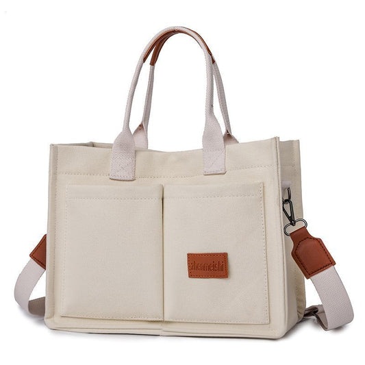 Beige Large Canvas Tote Bag for Women - Multi-Pocket Utility Organiser with Wide Adjustable Shoulder Strap - Trendy Crossbody and Handheld Bag for Work, Shopping and Travel - Daily Comfort Solution Kemu |Fashion Home Kitchen Beauty