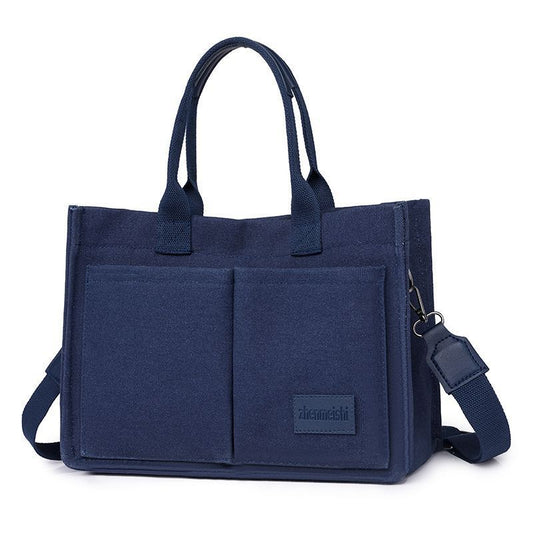 Dark blue Large Canvas Tote Bag for Women - Multi-Pocket Utility Organiser with Wide Adjustable Shoulder Strap - Trendy Crossbody and Handheld Bag for Work, Shopping and Travel - Daily Comfort Solution Kemu |Fashion Home Kitchen Beauty