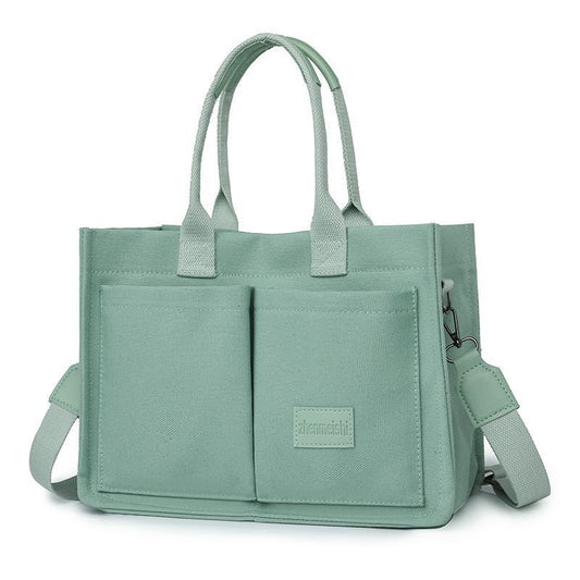Green Large Canvas Tote Bag for Women - Multi-Pocket Utility Organiser with Wide Adjustable Shoulder Strap - Trendy Crossbody and Handheld Bag for Work, Shopping and Travel - Daily Comfort Solution Kemu |Fashion Home Kitchen Beauty