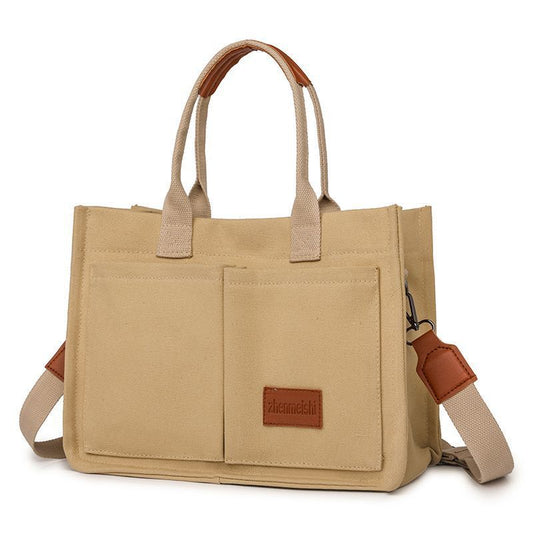 Khaki Large Canvas Tote Bag for Women - Multi-Pocket Utility Organiser with Wide Adjustable Shoulder Strap - Trendy Crossbody and Handheld Bag for Work, Shopping and Travel - Daily Comfort Solution Kemu |Fashion Home Kitchen Beauty