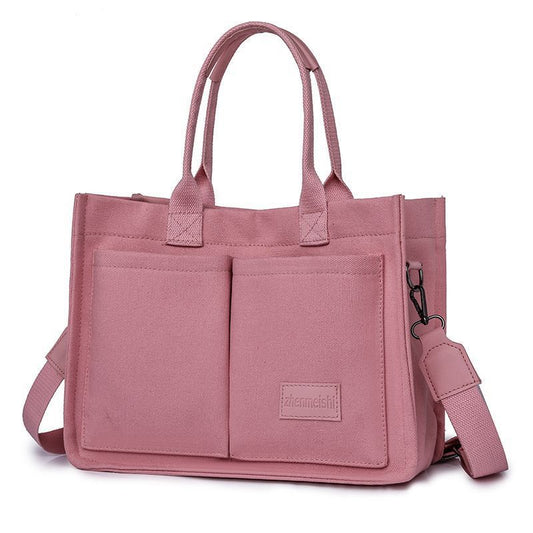 Pink Large Canvas Tote Bag for Women - Multi-Pocket Utility Organiser with Wide Adjustable Shoulder Strap - Trendy Crossbody and Handheld Bag for Work, Shopping and Travel - Daily Comfort Solution Kemu |Fashion Home Kitchen Beauty