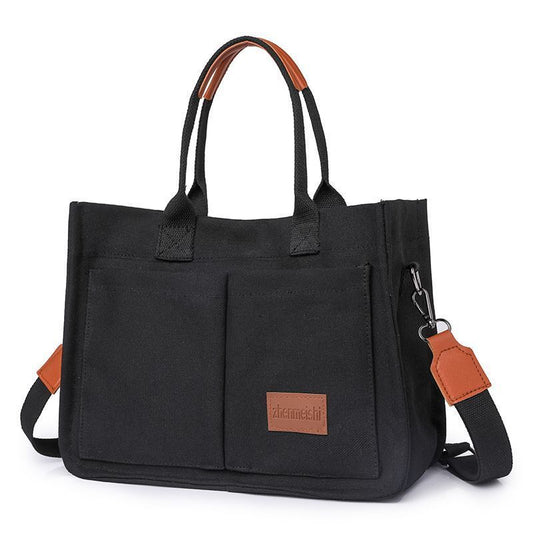 Black Large Canvas Tote Bag for Women - Multi-Pocket Utility Organiser with Wide Adjustable Shoulder Strap - Trendy Crossbody and Handheld Bag for Work, Shopping and Travel - Daily Comfort Solution Kemu |Fashion Home Kitchen Beauty
