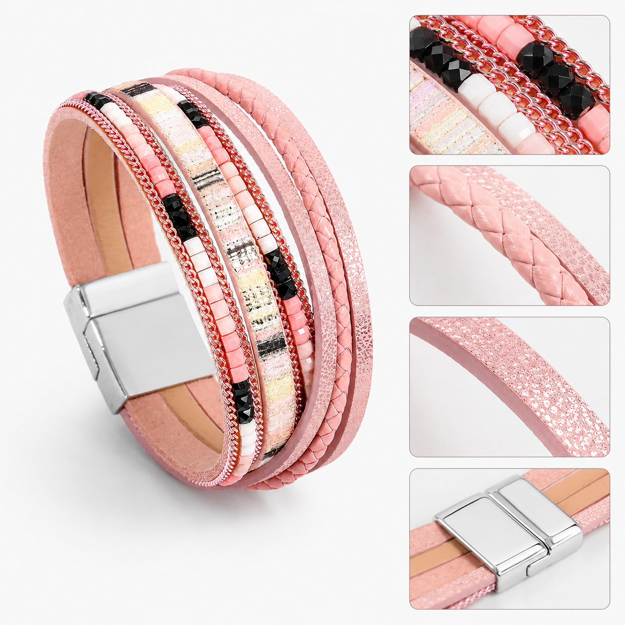 Pink Bohemian Multi-Layer Leather Bracelet for Women - PU Faux Leather with Alloy Magnetic Clasp - Handwoven Cuff Bangle, Lightweight Fashion Jewelry Accessory Kemu |Fashion Home Kitchen Beauty