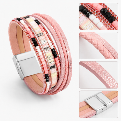 Pink Bohemian Multi-Layer Leather Bracelet for Women - PU Faux Leather with Alloy Magnetic Clasp - Handwoven Cuff Bangle, Lightweight Fashion Jewelry Accessory Kemu |Fashion Home Kitchen Beauty
