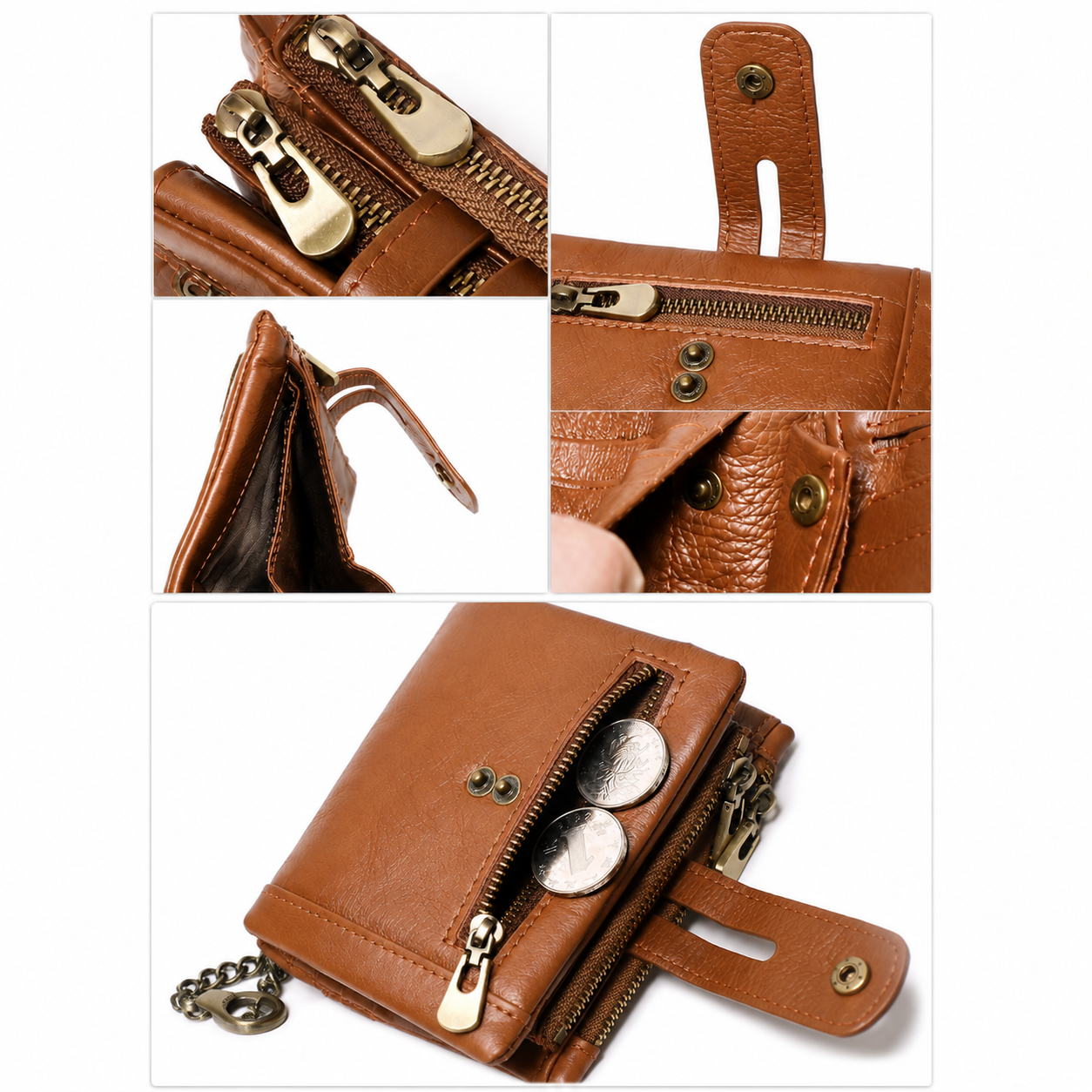 Light Brown RFID Blocking Leather Wallet for Men - Vertical Oil Wax Cowhide Bifold Wallet with Double Zipper, Card Slots & Coin Pocket Kemu |Fashion Home Kitchen Beauty