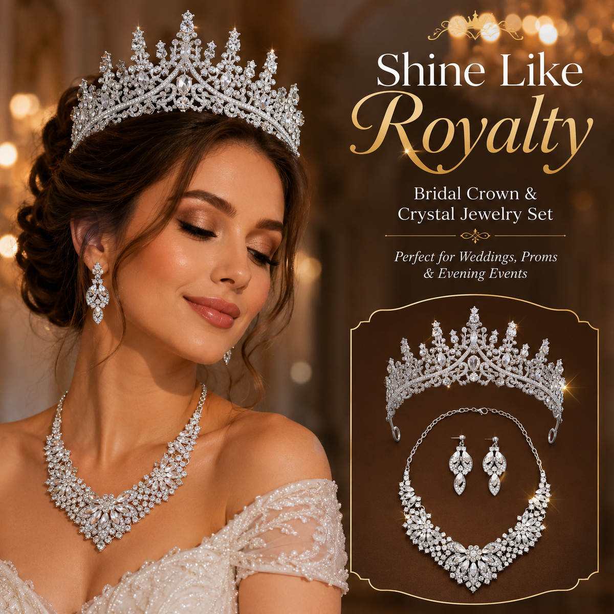 Luxury Crystal Bridal Tiara Necklace Earrings Set Sparkling Rhinestone Crown Jewellery Set for Wedding Bride Prom Party Evening Dress Accessories Kemu |Fashion Home Kitchen Beauty