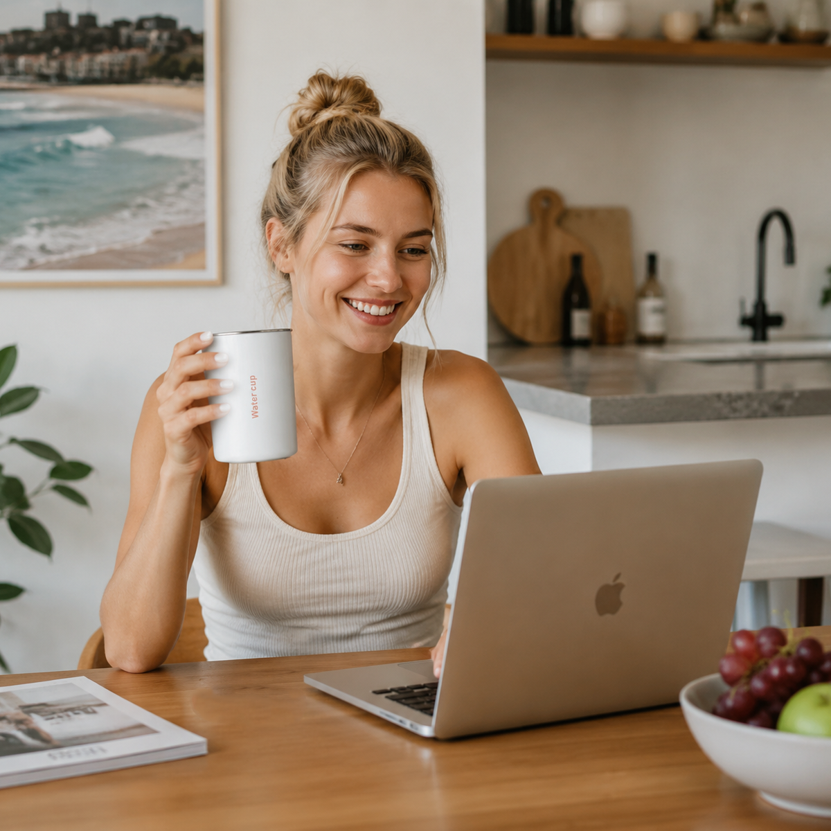 White 304 Stainless Steel Magnetic Hanging Water Bottle, 12.17 oz Double-Wall Insulated Coffee/Milk Cup with Magnetic Coaster Kemu |Fashion Home Kitchen Beauty