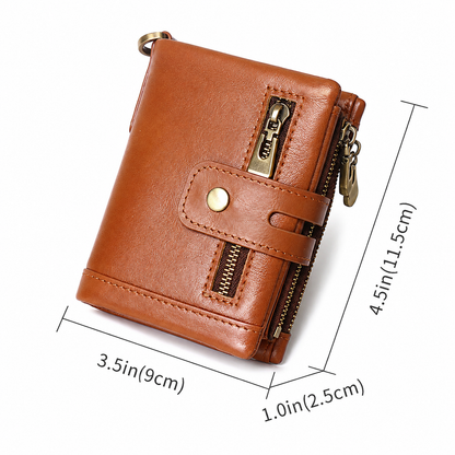 Light Brown RFID Blocking Leather Wallet for Men - Vertical Oil Wax Cowhide Bifold Wallet with Double Zipper, Card Slots & Coin Pocket Kemu |Fashion Home Kitchen Beauty