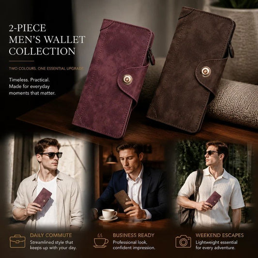 Two-Shade All-Solid Long Men Wallet 2 Pcs Combo, Magnetic Multi-Compartment Hand Clutch, Premium Festival Gift Option, Red & Coffee Kemu |Fashion Home Kitchen Beauty