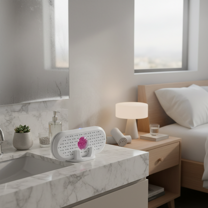 Mini Rechargeable Dehumidifier placed on a white marble bathroom vanity next to a sink, with a softly lit bedroom visible in the background.